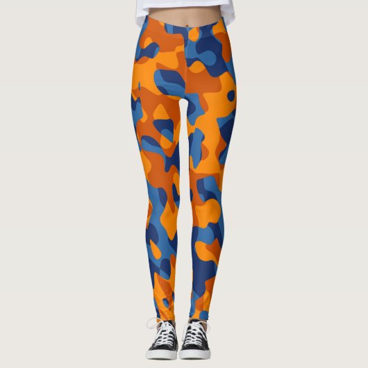 Blauw Oranje Camouflage-afdrukpatroon Leggings (Voorkant)