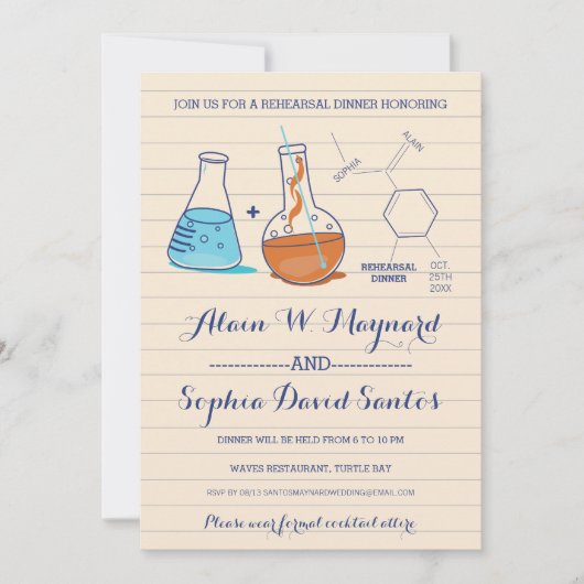 Blauw & Oranje Chemie Repetitie Diner Uitnodiginge Kaart (Voorkant)