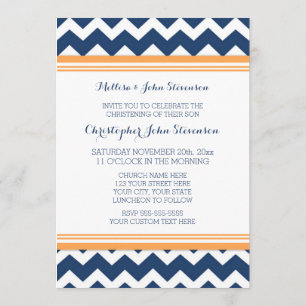 Blauw Oranje Chevron Christening Uitnodiging