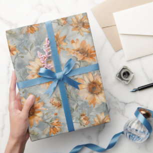 Blauw Oranje Crème Bloemen Bruidsdouche Cadeaupapier