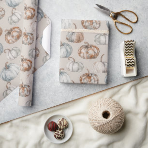 Blauw Oranje Crème Herfst Pompoenen Cadeaupapier