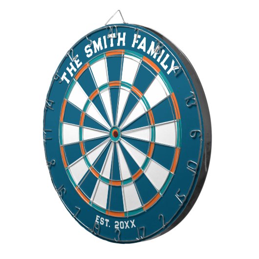 Blauw, Oranje en Aqua Family Dartboard met Darts Dartbord (Voorkant Rechts)