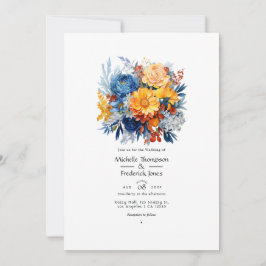 Blauw, Oranje en Geel Bloemensymbool Bruiloft Kaart