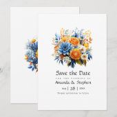 Blauw, Oranje en Geel Bloemensymbool Bruiloft Save The Date (Voorkant / Achterkant)