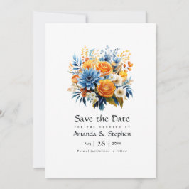Blauw, Oranje en Geel Bloemensymbool Bruiloft Save The Date
