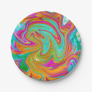 Blauw, Oranje en Heet Roze Groovy Abstract Retro Papieren Bordje