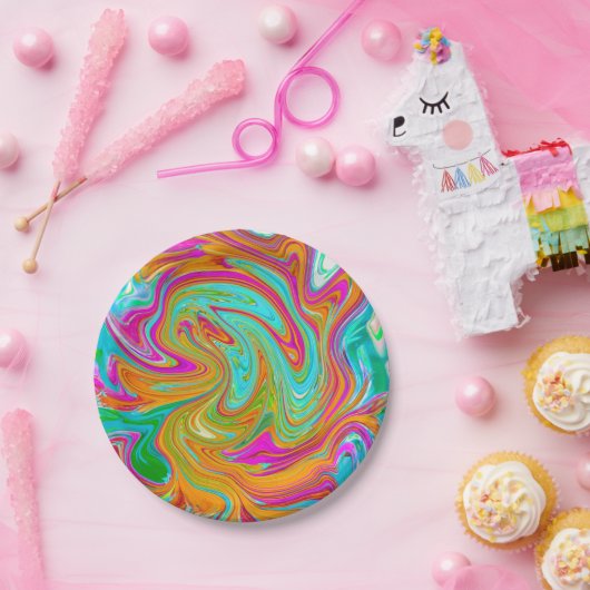 Blauw, Oranje en warm roze Abstracte retro Papieren Bordje (Feest)