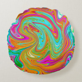 Blauw, Oranje en warm roze Abstracte retro Rond Kussen