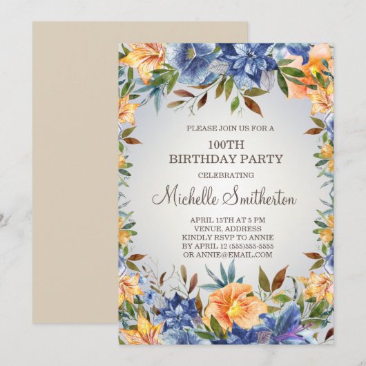 Blauw Oranje Floral 100e uitnodiging op zondag (Voorkant / Achterkant)
