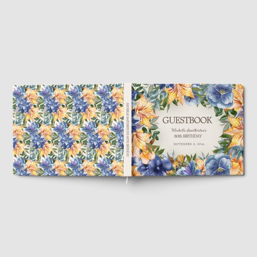 Blauw Oranje Floral 80th Birthday Gastenboek (Volledig)