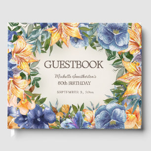 Blauw Oranje Floral 80th Birthday Gastenboek