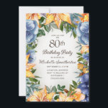 Blauw Oranje Floral 80th Birthday Kaart<br><div class="desc">blauwe en oranje tijgergelingen/grillige aangepaste uitnodiging voor een 80ste verjaardagsfeestje,  gepersonaliseerd met de naam van de gast van eer. Neem contact met mij op voor hulp bij aanpassingen of om extra Zazzle-producten aan te vragen voor je partij.</div>