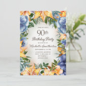 Blauw Oranje Floral 90e verjaardag Kaart (Staand voorkant)