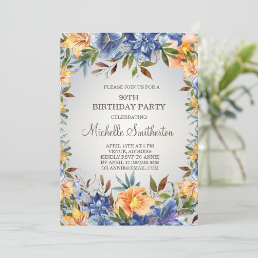 Blauw Oranje Floral 90th Birthday Invitation Kaart (Staand voorkant)