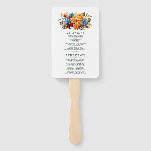 Blauw, Oranje, Geel En Rood Bloemen Bruidsprogramm Handwaaier (Achterkant)