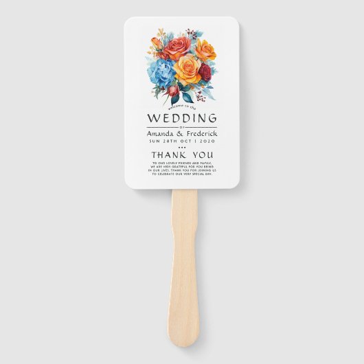 Blauw, Oranje, Geel & Rood Bloemen Bruidsprogramma Handwaaier (Voorkant)