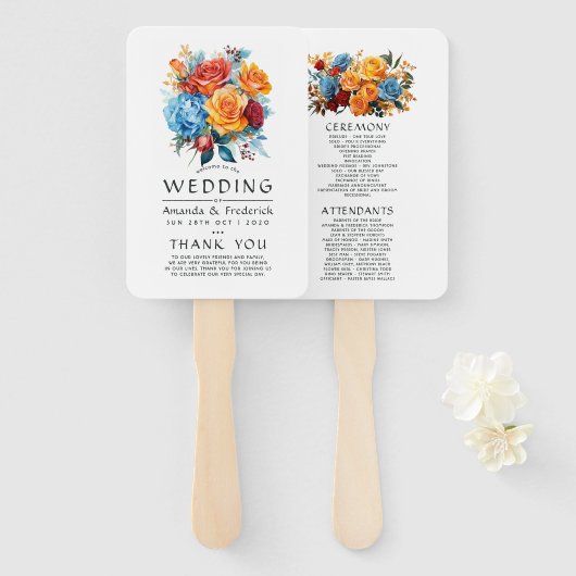 Blauw, Oranje, Geel & Rood Bloemen Bruiloftsprogra Handwaaier (Voorkant en achterkant)