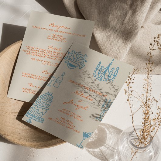 Blauw Oranje Getekende Whimsical All In One Trouwd Kaart