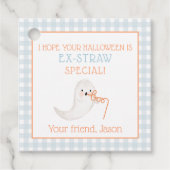 Blauw Oranje Ghost Ek-stro Halloween Strw Kinder Bedankjes Labels (Voorkant)