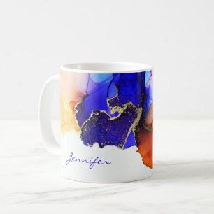 Blauw Oranje Goud Abstract Alcoholinkt Benoemd Koffiemok