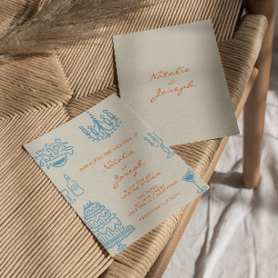 Blauw Oranje Handgetekende Whimsical Fun Huwelijk Kaart