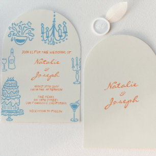 Blauw Oranje Handgetekende Whimsical Gebogen Huwel Kaart