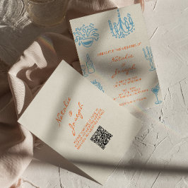 Blauw Oranje Handgetekende Whimsical QR Code Huwel Kaart