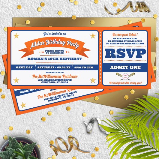 Blauw & Oranje Honkbal Allstar Ticket Verjaardag Kaart