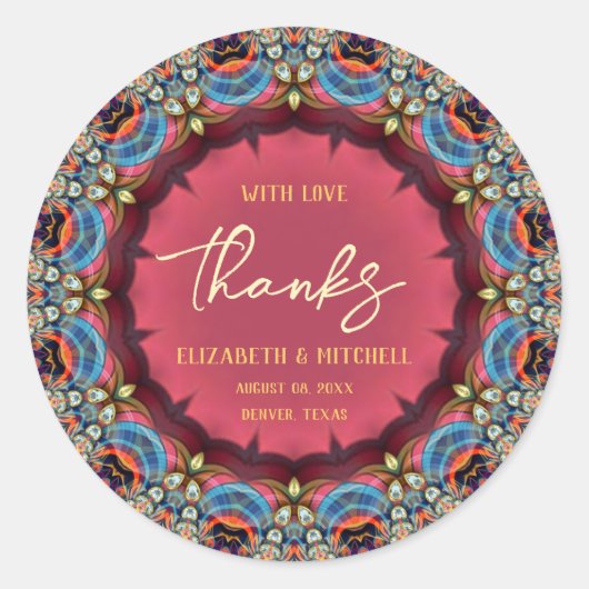 Blauw Oranje Juweel Fractal Kant Dank je Ronde Sticker (Voorkant)