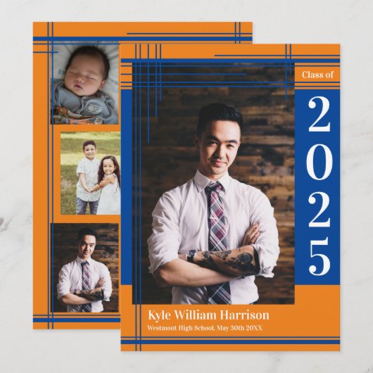 Blauw Oranje Kleur Afstuderen van de School Kaart (Voorkant / Achterkant)