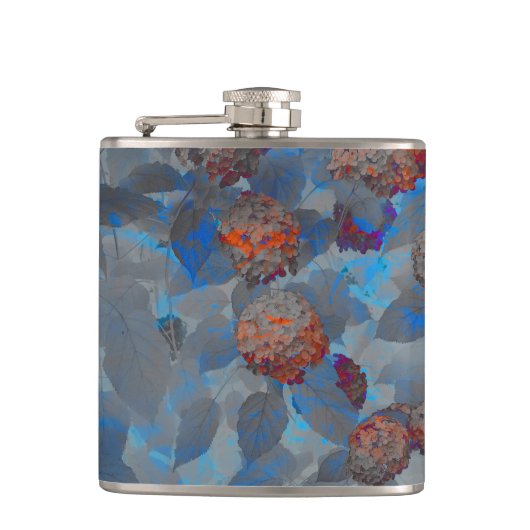 Blauw oranje kleurenbloempatroon digitale kunst heupfles (Voorkant)