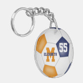 blauw oranje kleurt voetbalzakje label sleutelhanger (Voorkant Links)