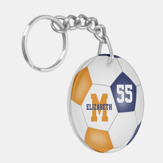 blauw oranje kleurt voetbalzakje label sleutelhanger (Voorkant Links)