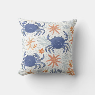 Blauw & Oranje Krab & Zeester Strandhuisje Kussen