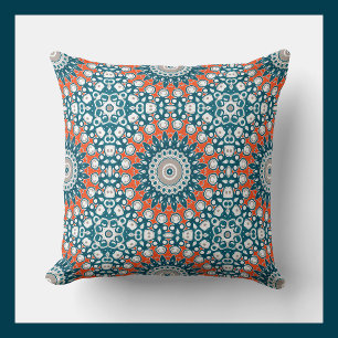 Blauw & Oranje Mandala Kaleidoscoop Medaillon Kussen