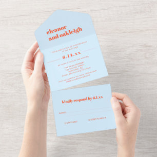 Blauw Oranje Moderne Trouwkaart met Vetgedrukte Ty All In One Uitnodiging