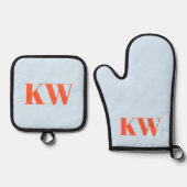 Blauw Oranje Monogram Beginletters Keukencadeau Ovenwant & Pannenlap Set (Voorkant)