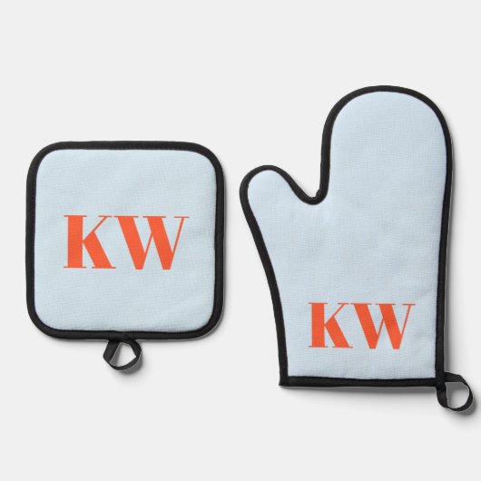 Blauw Oranje Monogram Beginletters Keukencadeau Ovenwant & Pannenlap Set (Voorkant)