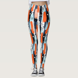 Blauw Oranje Penseelstreken Abstract Patroon Leggings