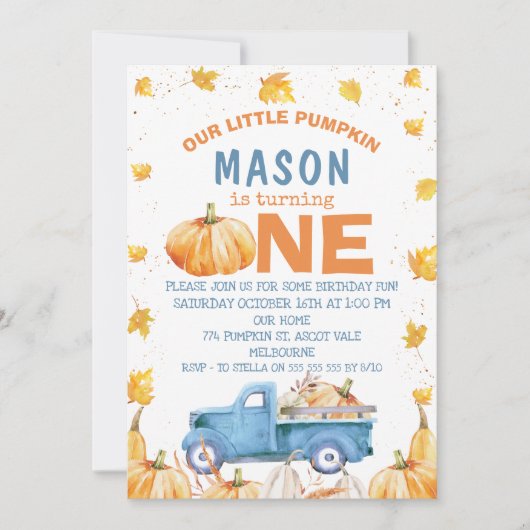 Blauw Oranje pompoen vrachtwagen 1ste verjaardag Kaart (Voorkant)