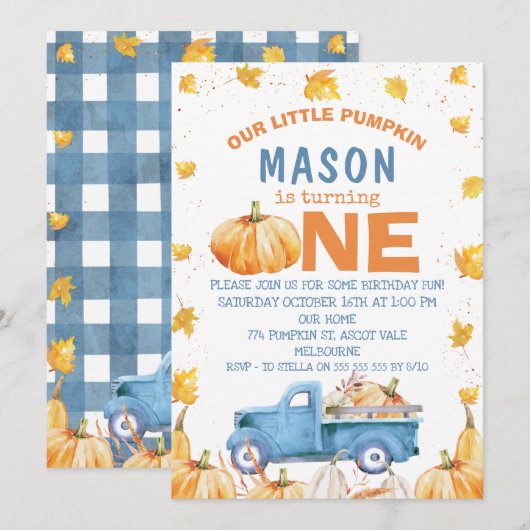 Blauw Oranje pompoen vrachtwagen 1ste verjaardag Kaart (Voorkant / Achterkant)