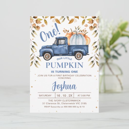 Blauw Oranje pompoenvrachtwagen 1e verjaardag Kaart (Staand voorkant)