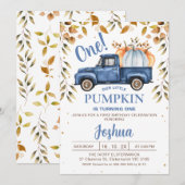 Blauw Oranje pompoenvrachtwagen 1e verjaardag Kaart (Voorkant / Achterkant)