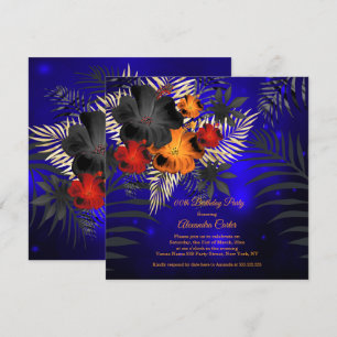 Blauw Oranje Rood Zwart Hibiscus Floral Birthday Kaart