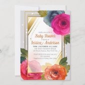 Blauw Oranje Roze Floral Baby shower Gold Lijst Kaart (Voorkant)