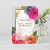 Blauw Oranje Roze Floral Baby shower Gold Lijst Kaart (Staand voorkant)