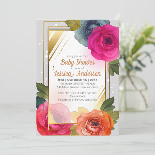 Blauw Oranje Roze Floral Baby shower Gold Lijst Kaart (Staand voorkant)