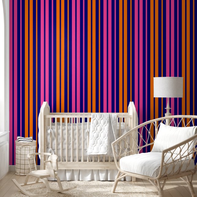 Blauw Oranje Roze Verticale Strepen Design   Behang (Kinderen)