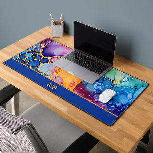 Blauw Oranje Teal Alcohol Ink Bloem Monogram Bureaumat