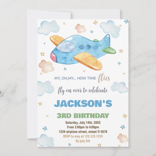 Blauw Oranje Vliegtuig Verjaardagsuitnodigingen Kaart (Voorkant)